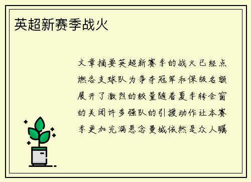 英超新赛季战火
